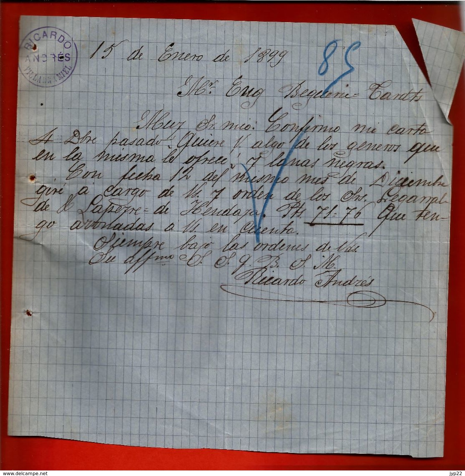 Courrier Espagne Ricardo Andrés Lobejon Villarramiel 1899 - écrit En Espagnol - Espagne