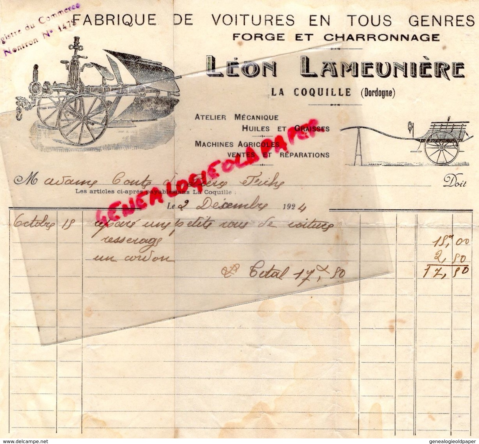 24- LA COQUILLE- RARE BELLE FACTURE LEON LAMEUNIERE- FABRIQUE VOITURES- FORGE CHARRONNAGE-FORGERON- 1924 - Landwirtschaft