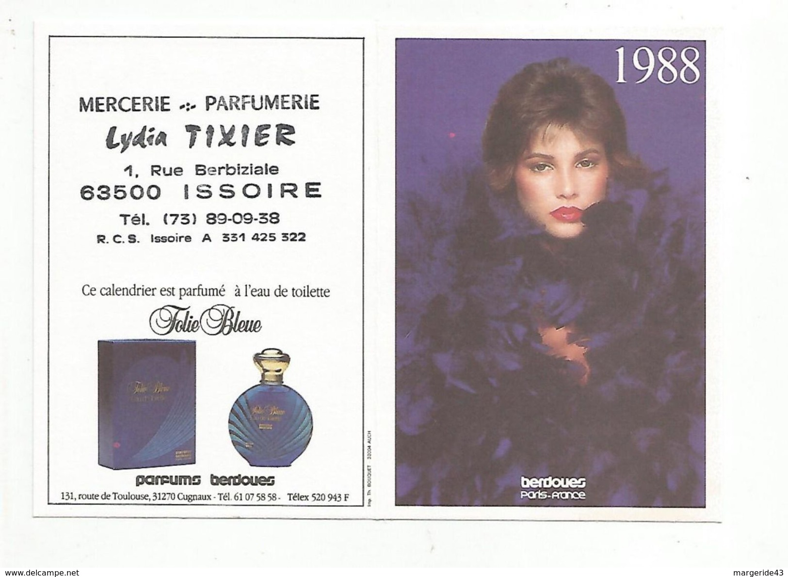 CALENDRIER DE POCHE 1988 MERCERIE PARFUMERIE LYDIA TEXIER ISSOIRE PUY DE DOME - Small : 1981-90
