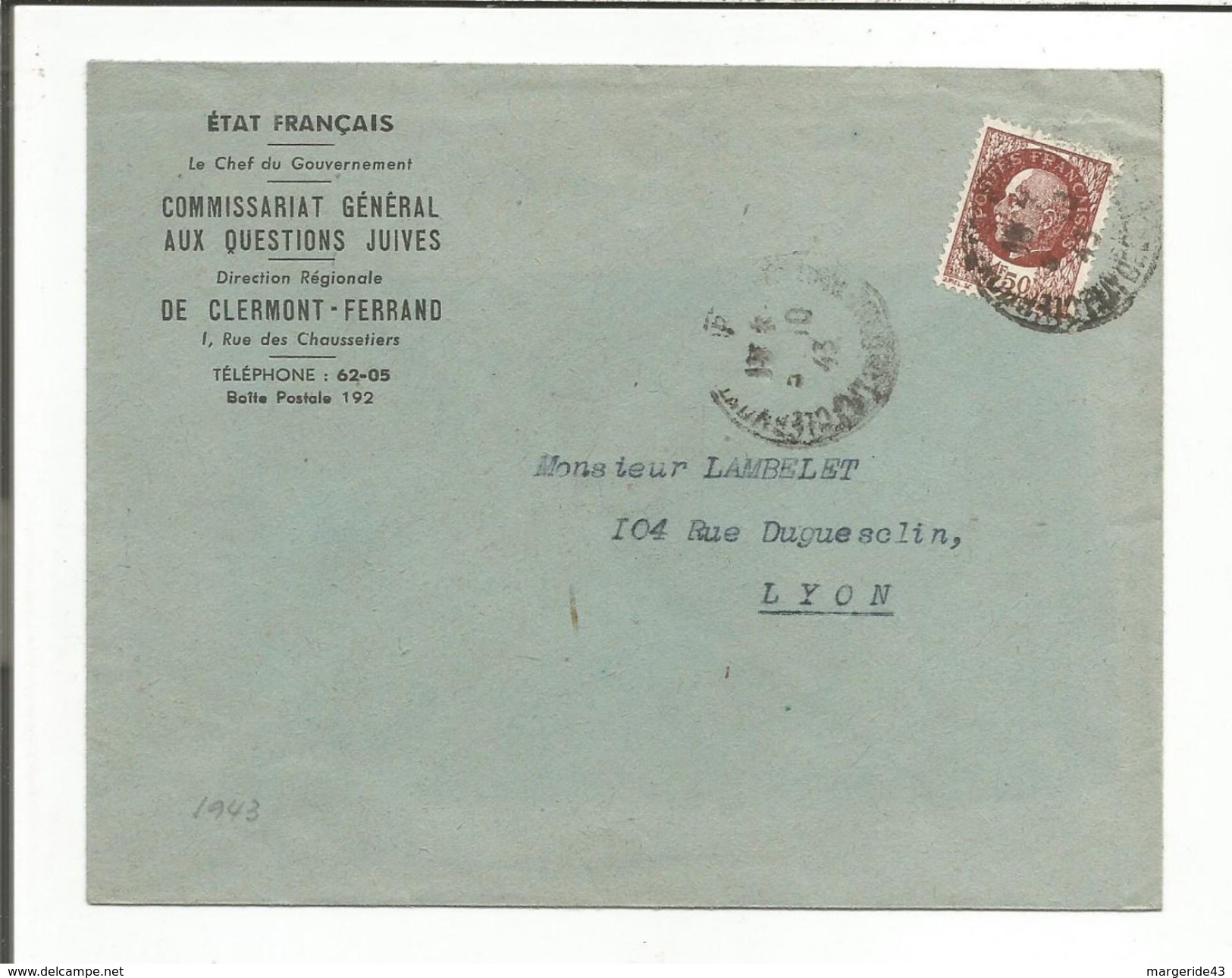 PETAIN SUR LETTRE A EN TETE DU COMMISSARIAT AUX QUESTIONS JUIVES 1943 - 1921-1960: Période Moderne