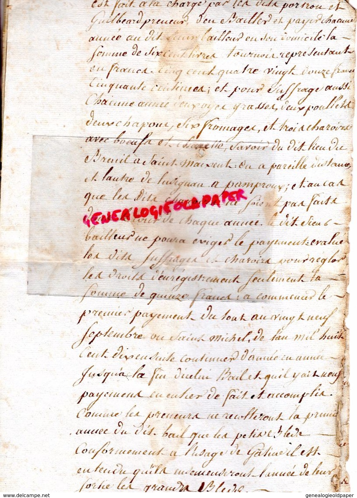 79 PAMPROUX-LUSIGNAN-LA MOTHE ST HERAYE-CONTRAT AFFERMAGE 4 MAI 1809 ENTRE DANIEL BERNARD GENDARME ET ETIENNE PORTERON - Documents Historiques