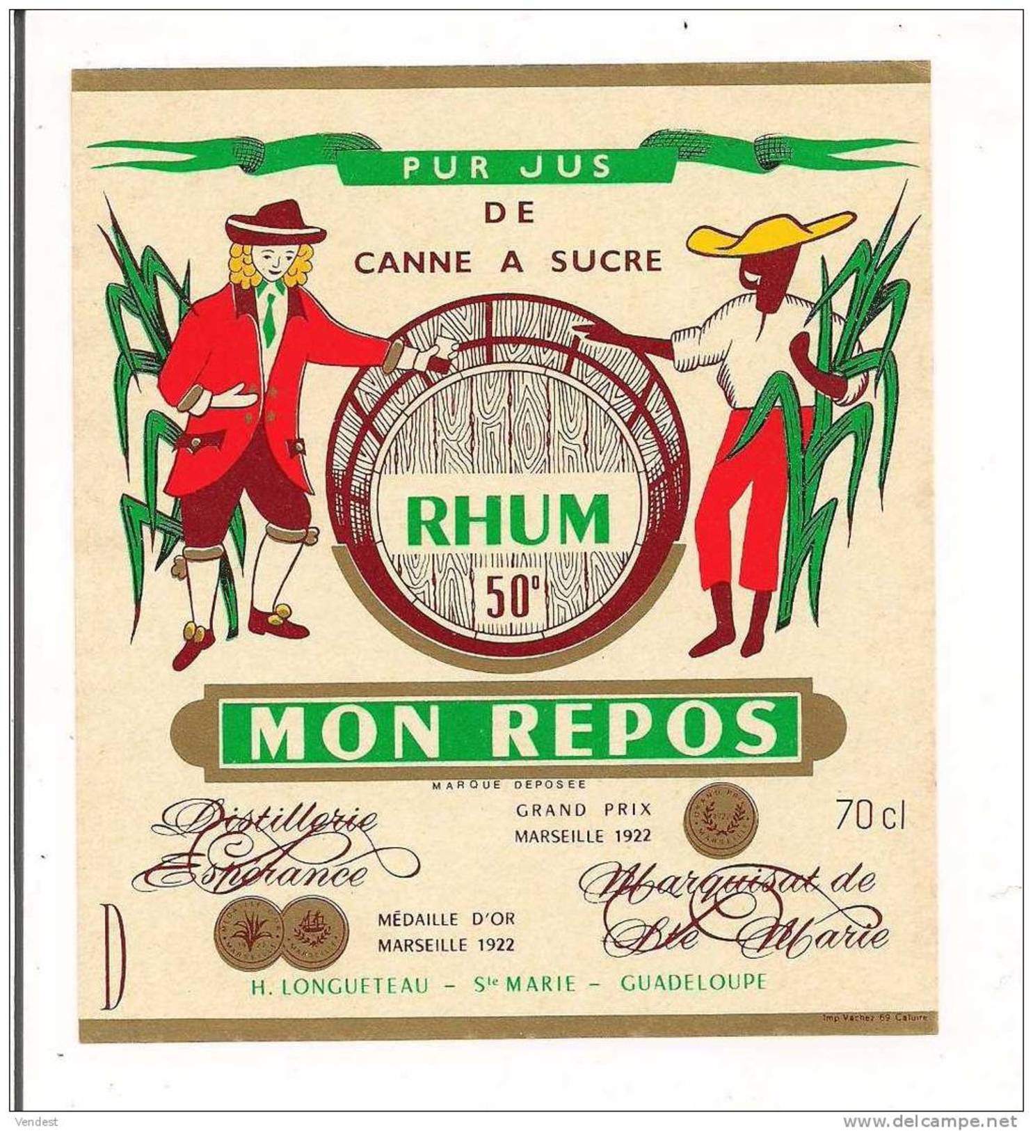 Etiquette  RHUM Pur Jus Canne à Sucre - Mon Repos  LONGUETEAU 50° - Marquisat Ste Marie - GUADELOUPE  Médaille Or 1922 - Rhum