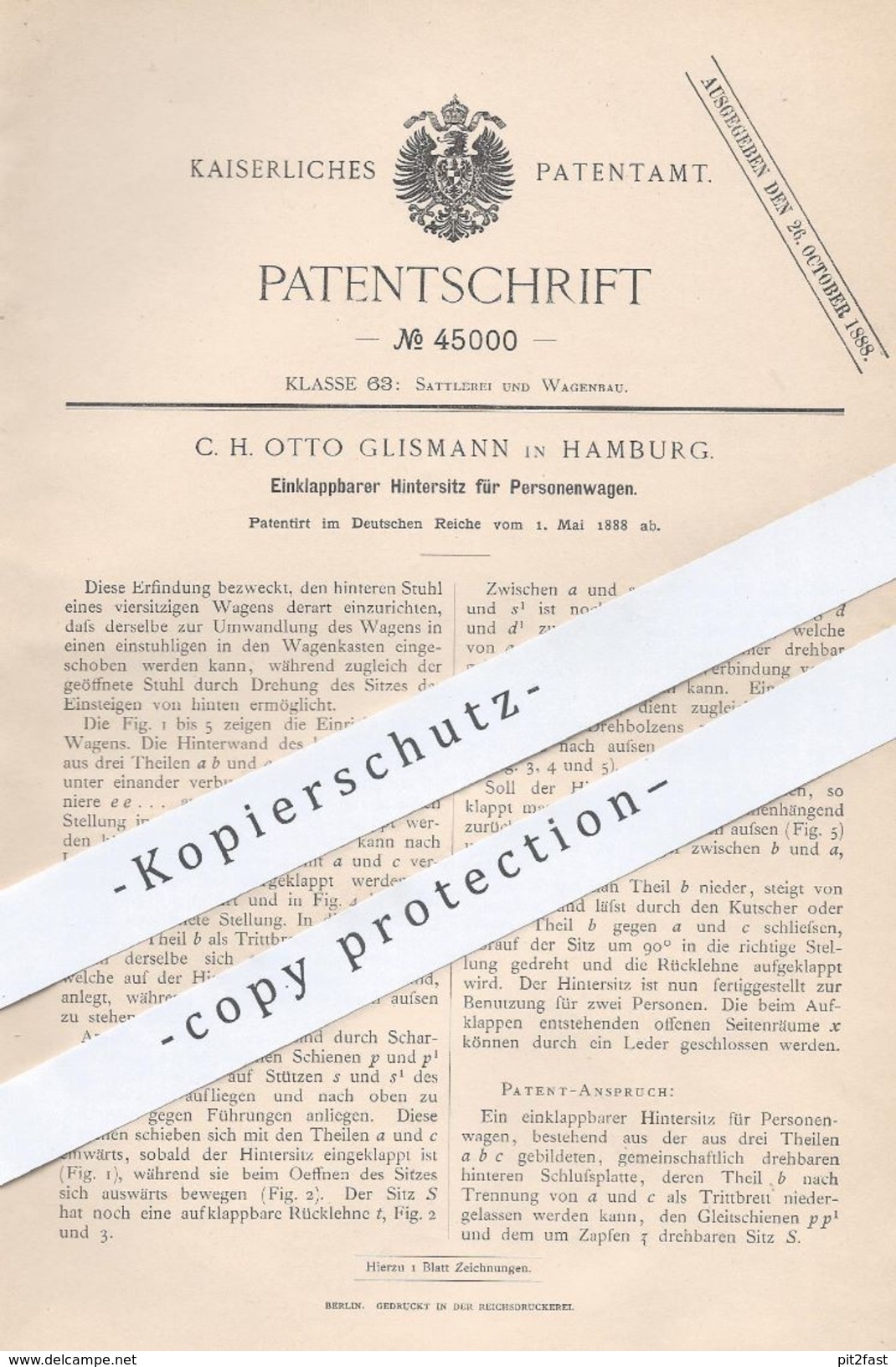 Original Patent - C. H. Otto Glismann , Hamburg , 1888 , Hintersitz Für Personenwagen | Auto - Sitz , Pkw , Wagen - Historische Dokumente