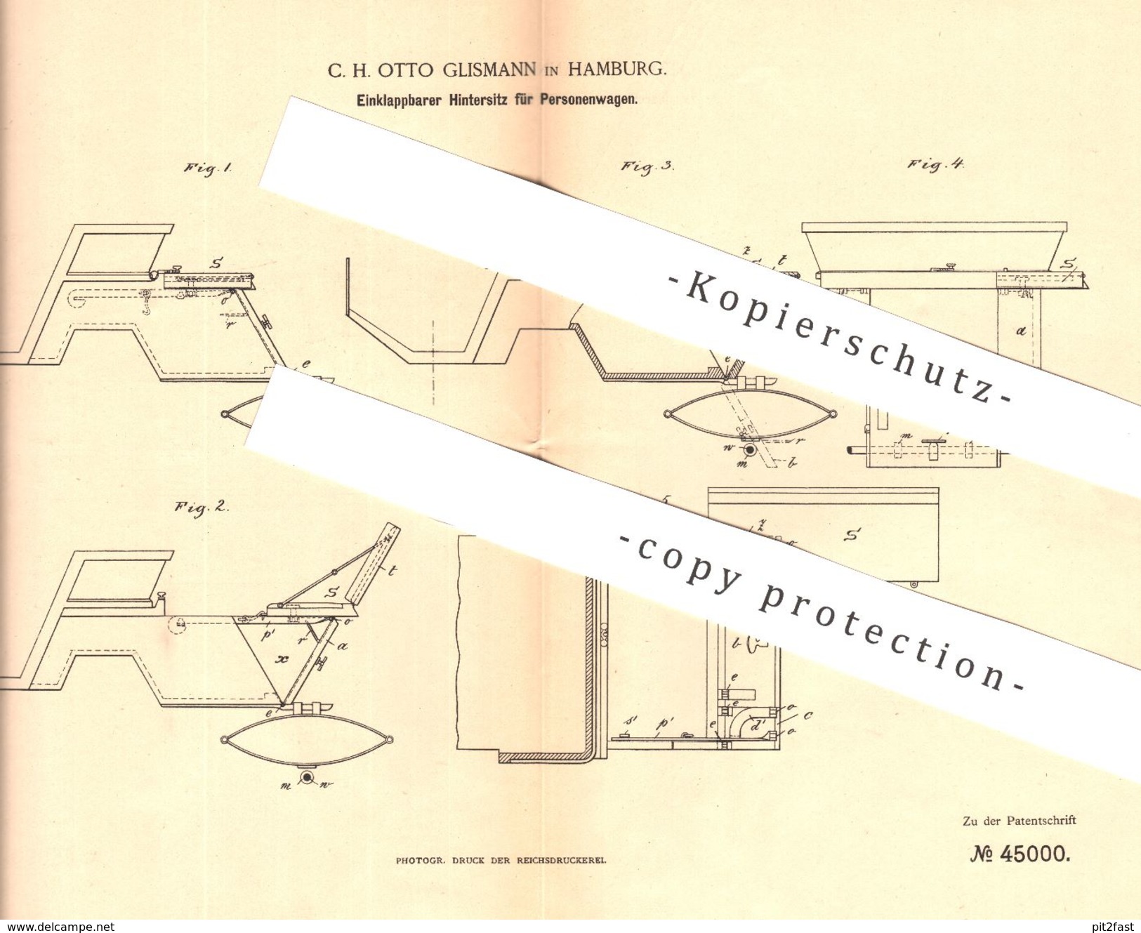 Original Patent - C. H. Otto Glismann , Hamburg , 1888 , Hintersitz Für Personenwagen | Auto - Sitz , Pkw , Wagen - Historische Dokumente