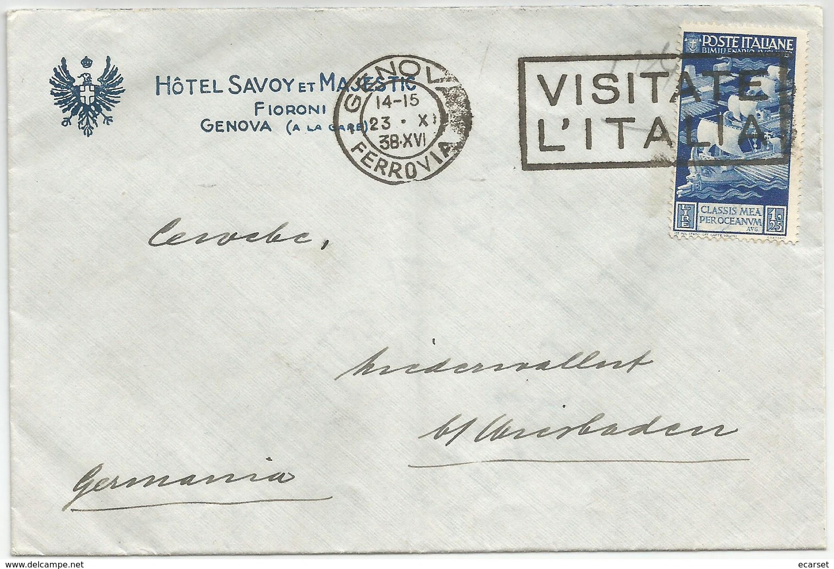 AUGUSTO L. 1,25 Isolato Su Lettera Per La Germania. Sass. 423. Targhetta Meccanica "VISITATE L'ITALIA - Storia Postale