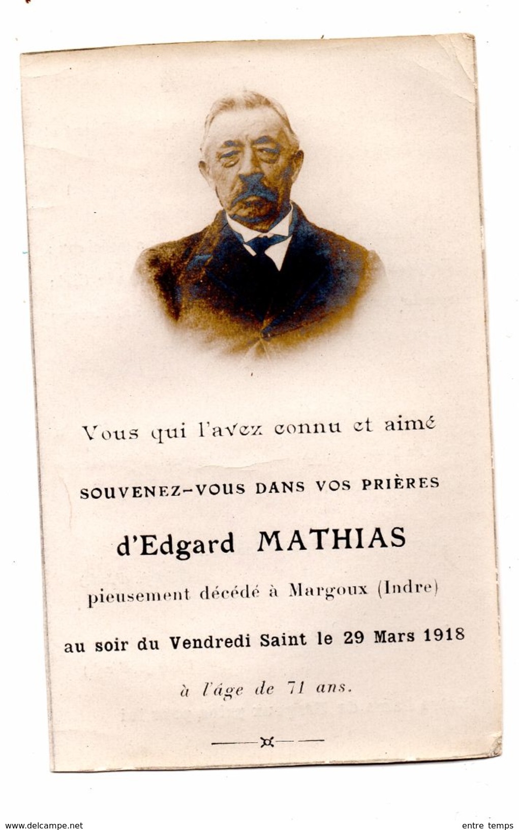 Souvenir Décès Margoux Indre Edgard Mathias - Décès