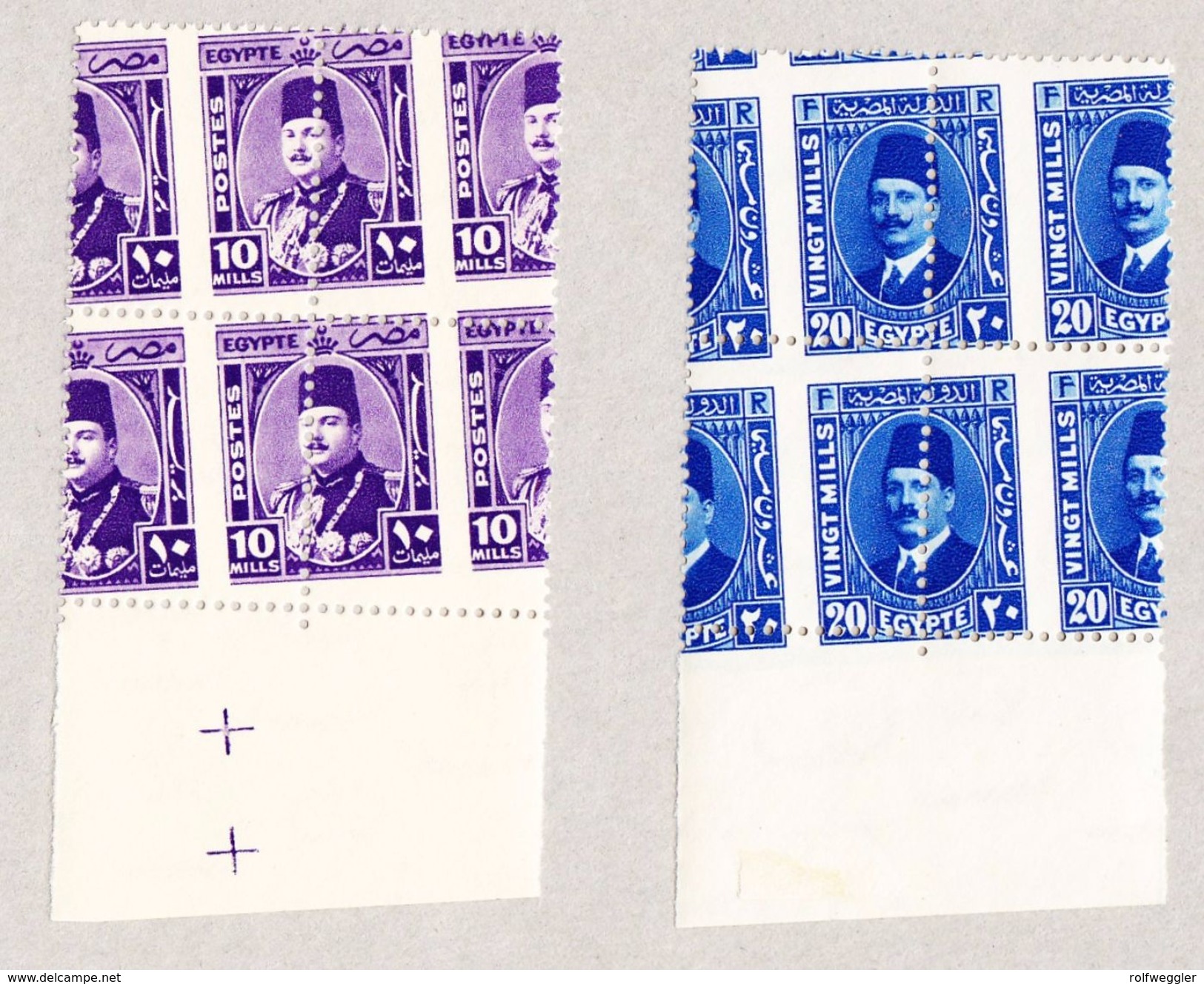 1936/46 König Faruk 20 M Blau Und 10 M Violett, Bogenrand Viererblock, Starke Verzähnung - Unused Stamps