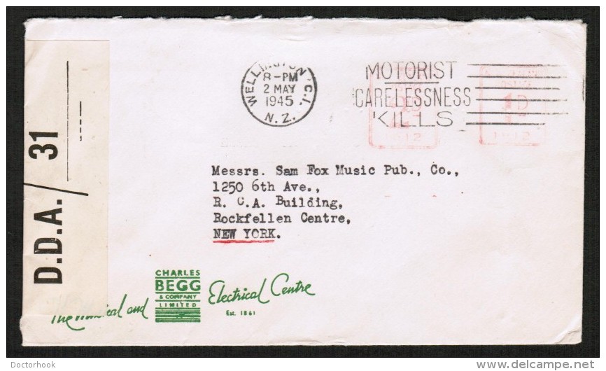 NEW ZEALAND  WWII CENSOR METER COVER To U.S.A.  (2/MAY/1945) - Covers & Documents