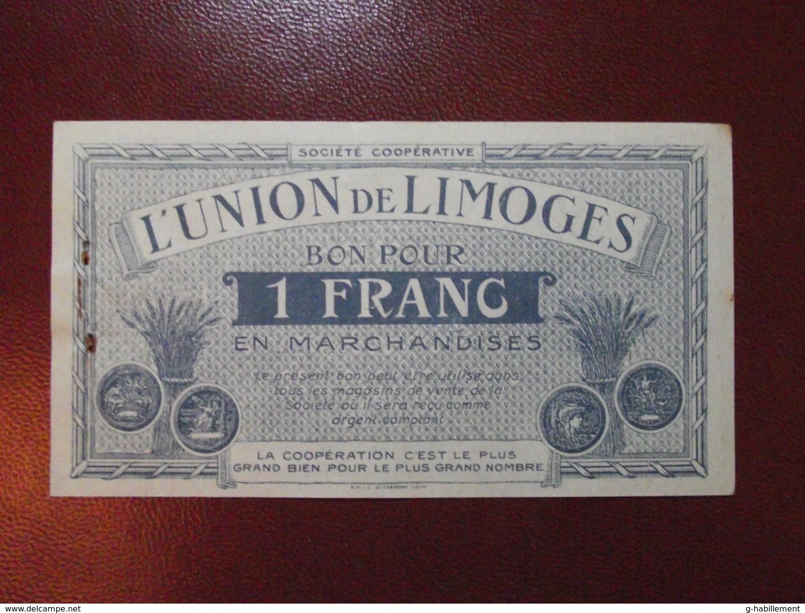 Bon Pour 1 Franc En Marchandises 1920 (CACHET A FROID) BILLET DE NECESSITE UNION DE LIMOGES - Bonds & Basic Needs