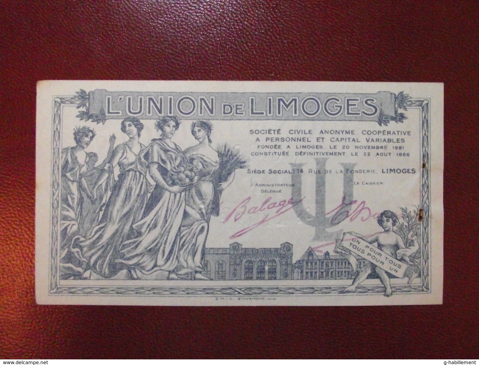 Bon Pour 1 Franc En Marchandises 1920 (CACHET A FROID) BILLET DE NECESSITE UNION DE LIMOGES - Bons & Nécessité