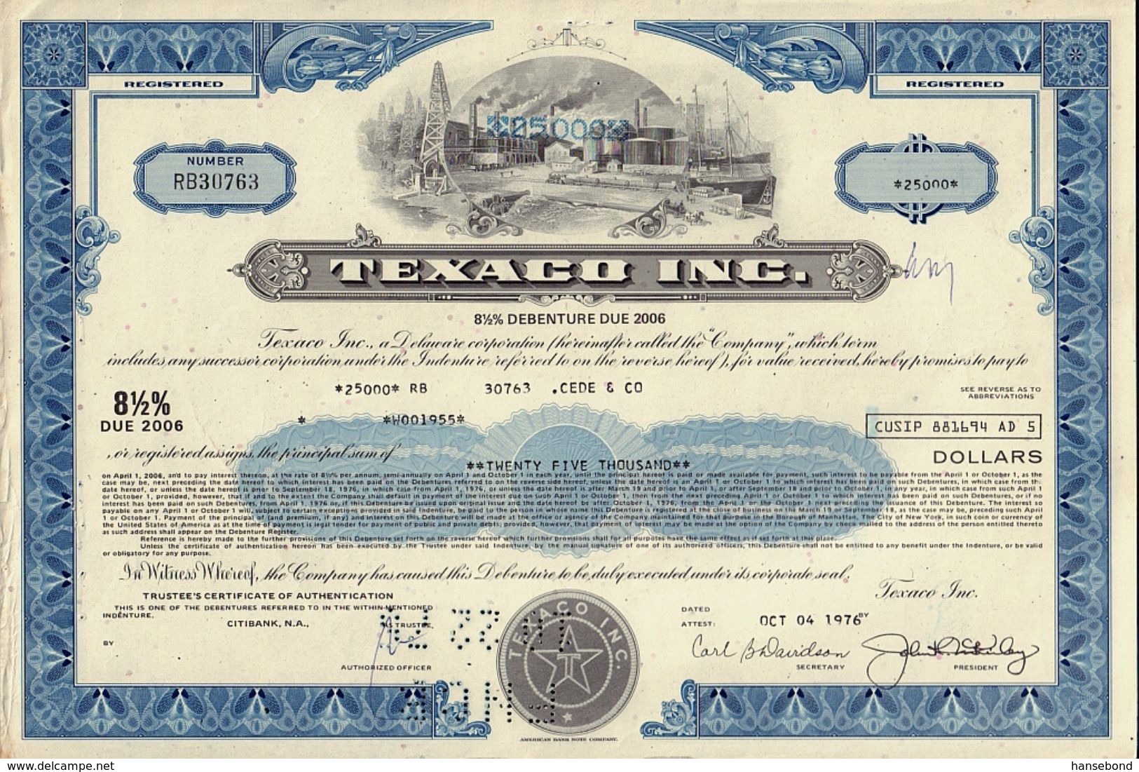 OIL / USA : Texaco Inc - USD 25,000.00 Old Certificate Dd 1970s - Petrolio