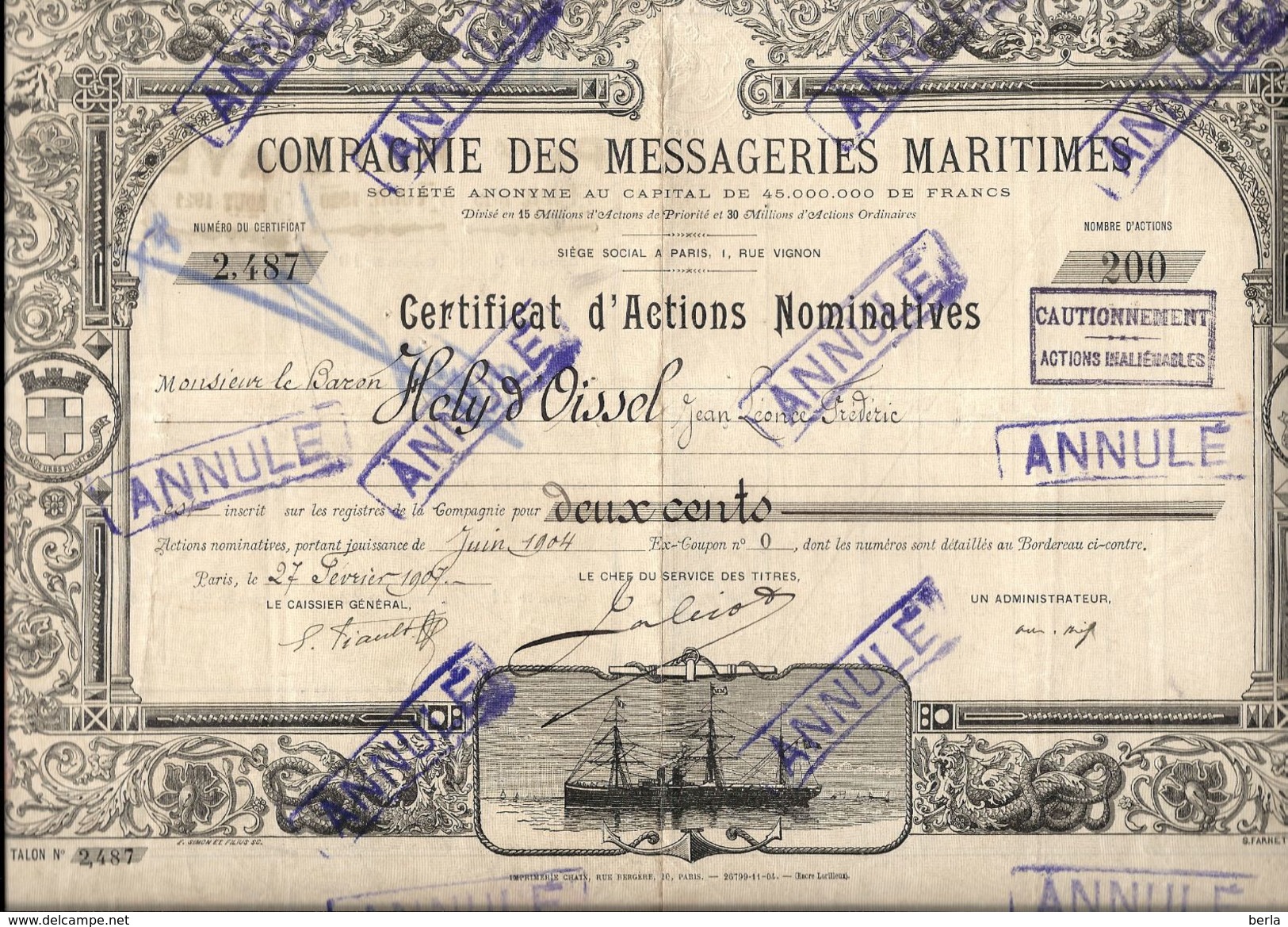 Cie DES MESSAGERIES MARITIMES Certificat D'Actions  1907 - Navy