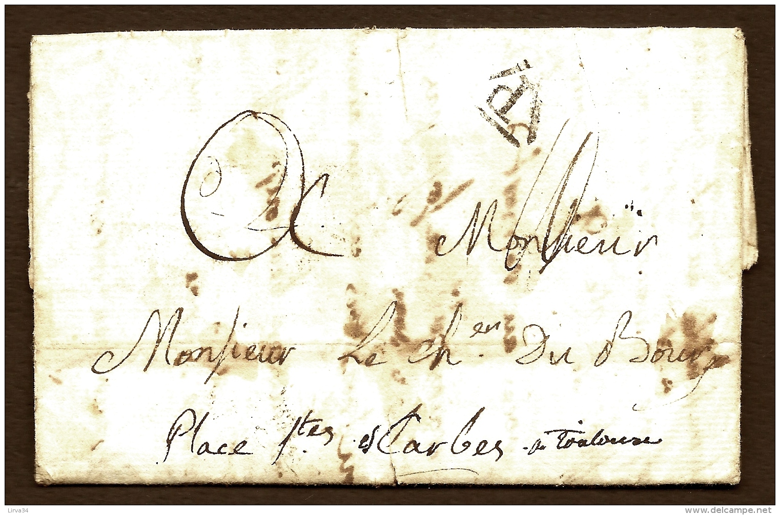 LETTRE PRECURSEUR 1779 - TAMPON NOIR DE PORT DÛ P DANS TRIANGLE OUVERT + TAXE 10 DECIMES- 3 SCANS - 1701-1800: Précurseurs XVIII