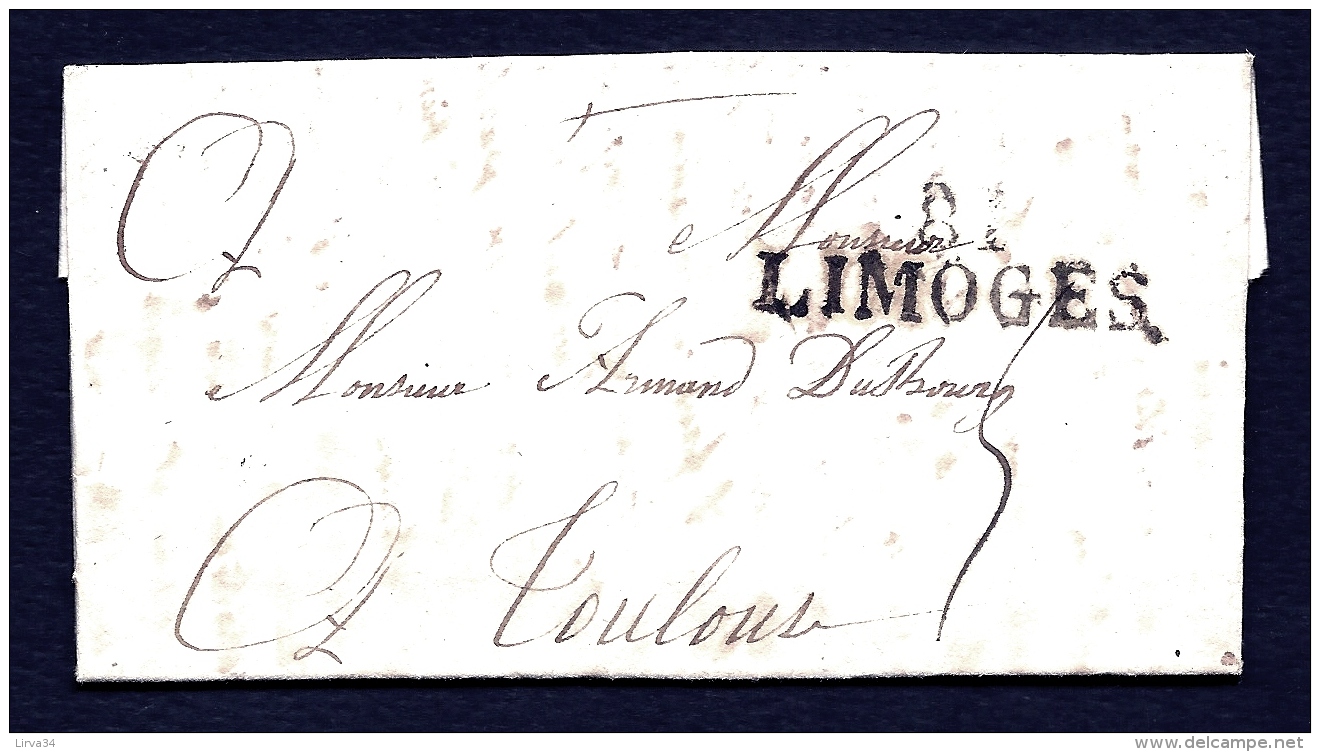 LETTRE PRECURSEUR 1819 - MARQUE AU TAMPON  "81- LIMOGES." AVEC POINT- GROSSES LETTRES- TAXE A LA PLUME 5 DECIMES- 3 SCAN - 1801-1848: Précurseurs XIX