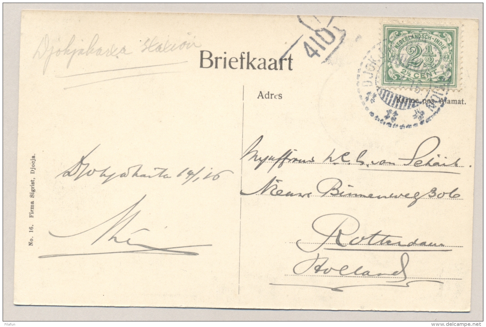 Nederlands Indië - 1916 - 2,5 Cent Cijfer Op Ansicht Waterkasteel Van KB DJOKJAKARTA STATION Naar Rotterdam / NL - Nederlands-Indië