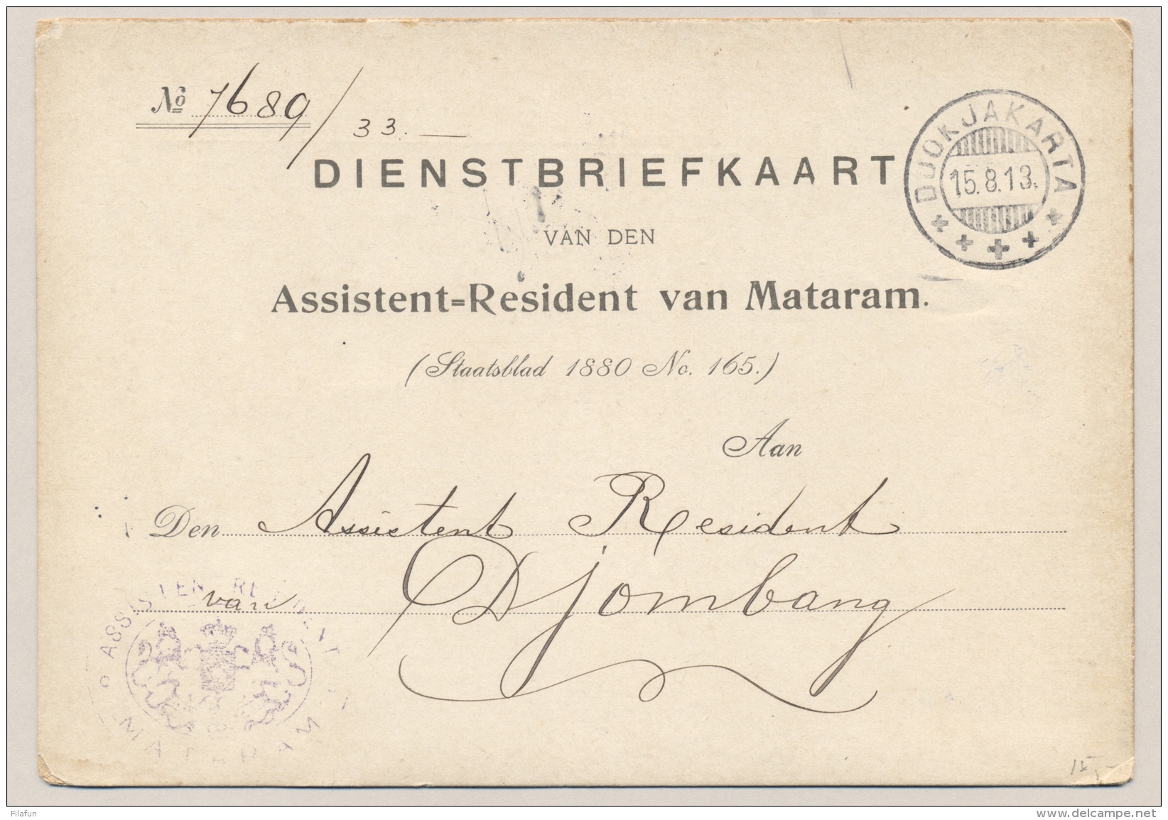 Nederlands Indië - 1913 - Portvrije Dienstbriefkaart Assistent-Resident Van Mataram Van KB DJOKJAKARTA Naar Djombang - India Holandeses