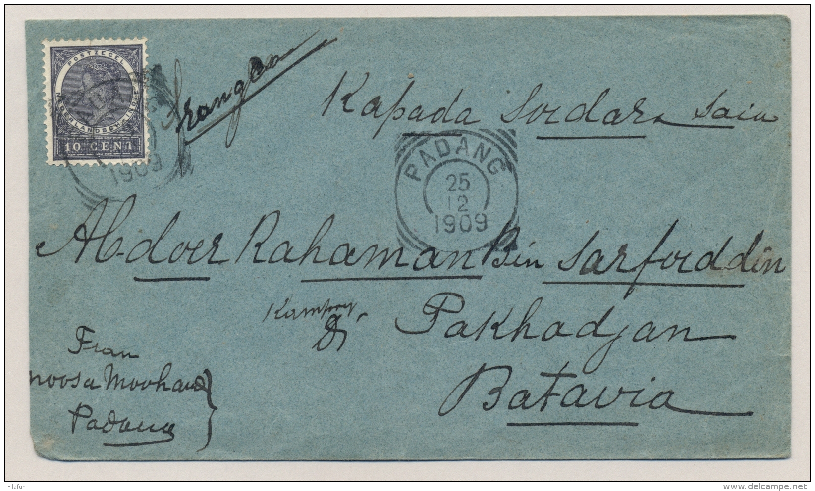 Nederlands Indië - 1909 - 10 Cent Veth Op Cover Van VK PADANG Naar VK Batavia - Nederlands-Indië