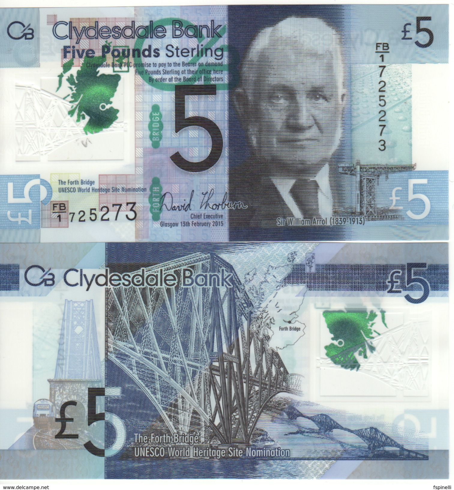 SCOTLAND   £5  Just Issued "Clydesdale Bank"  P229N   "POLIMER"   Dated  13th Feb.  2015    UNC - 5 Pond