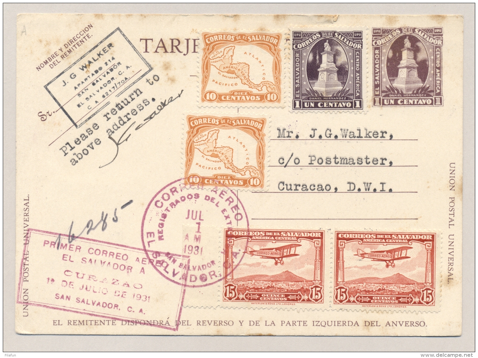 Curacao - 1931 - First PAA Flight R-card From  El Salvador / San Salvador To Curacao - Curaçao, Nederlandse Antillen, Aruba