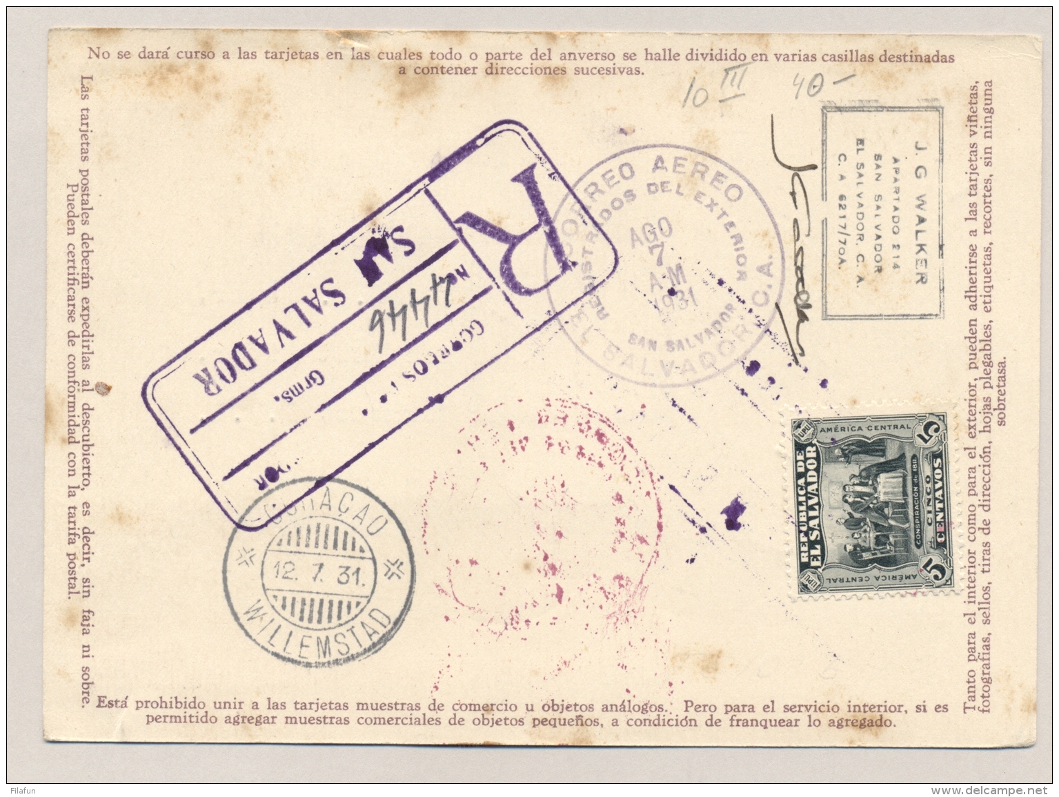 Curacao - 1931 - First PAA Flight R-card From  El Salvador / San Salvador To Curacao - Curaçao, Nederlandse Antillen, Aruba