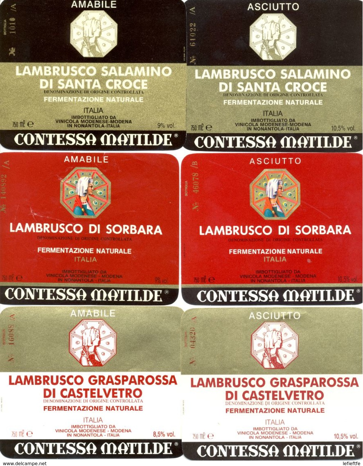 1205 - Italie - Modena - Lot 6 étiquettes Différentes De Lambrusco - Contessa Matilde - Vinicola Modenese - Vino Blanco