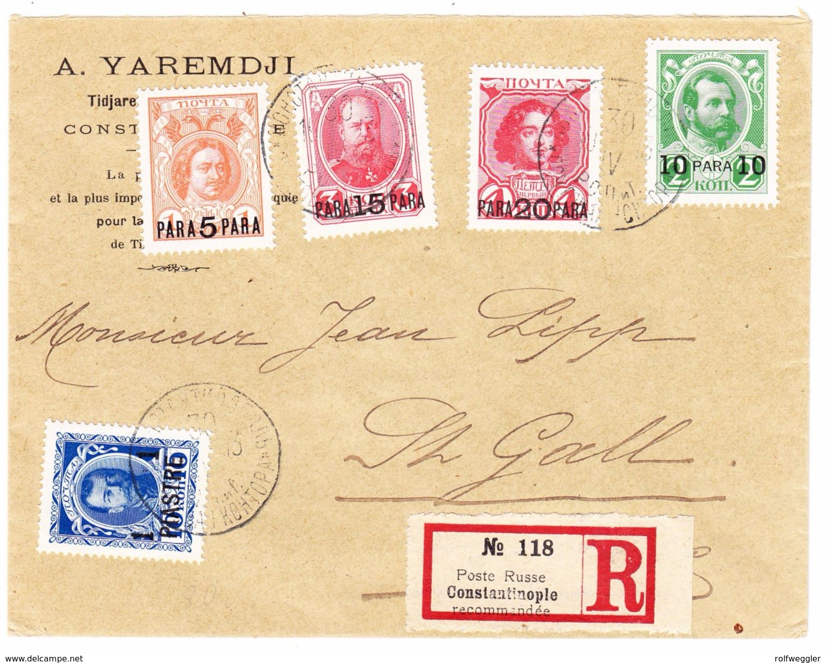 1913 R- Brief Russische Post In Constantinople 5 Farben Frankatur Nach St. Gallen - Maschinenstempel (EMA)