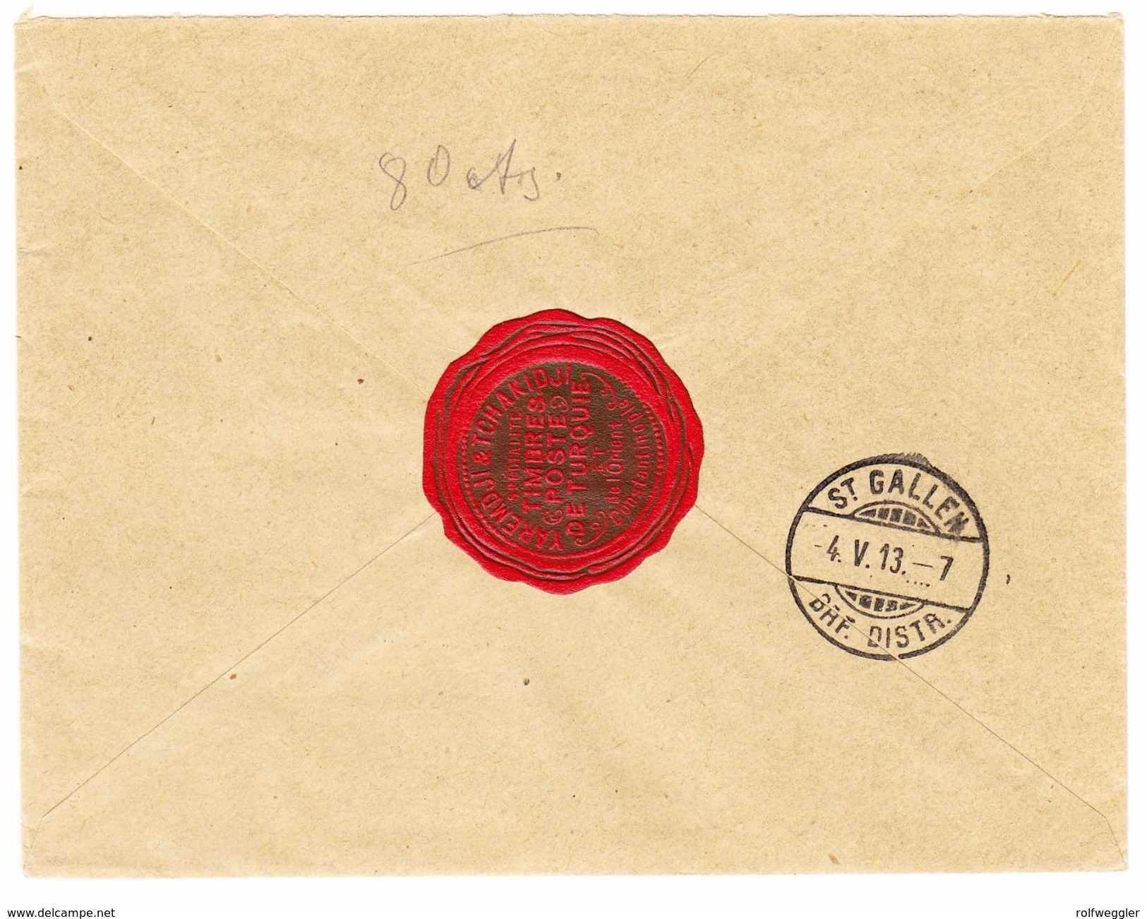 1913 R- Brief Russische Post In Constantinople 5 Farben Frankatur Nach St. Gallen - Máquinas Franqueo (EMA)
