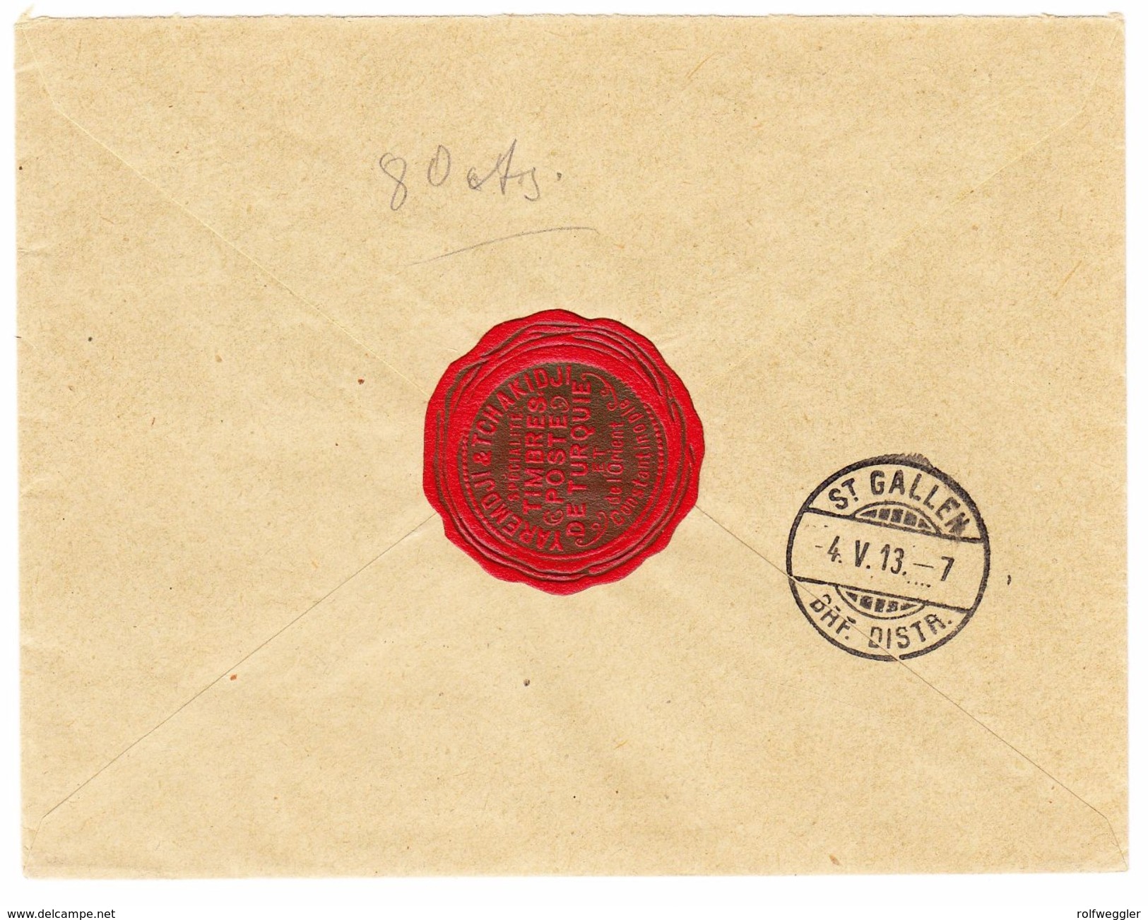 1913 R- Brief Russische Post In Constantinople 5 Farben Frankatur Nach St. Gallen - Macchine Per Obliterare (EMA)