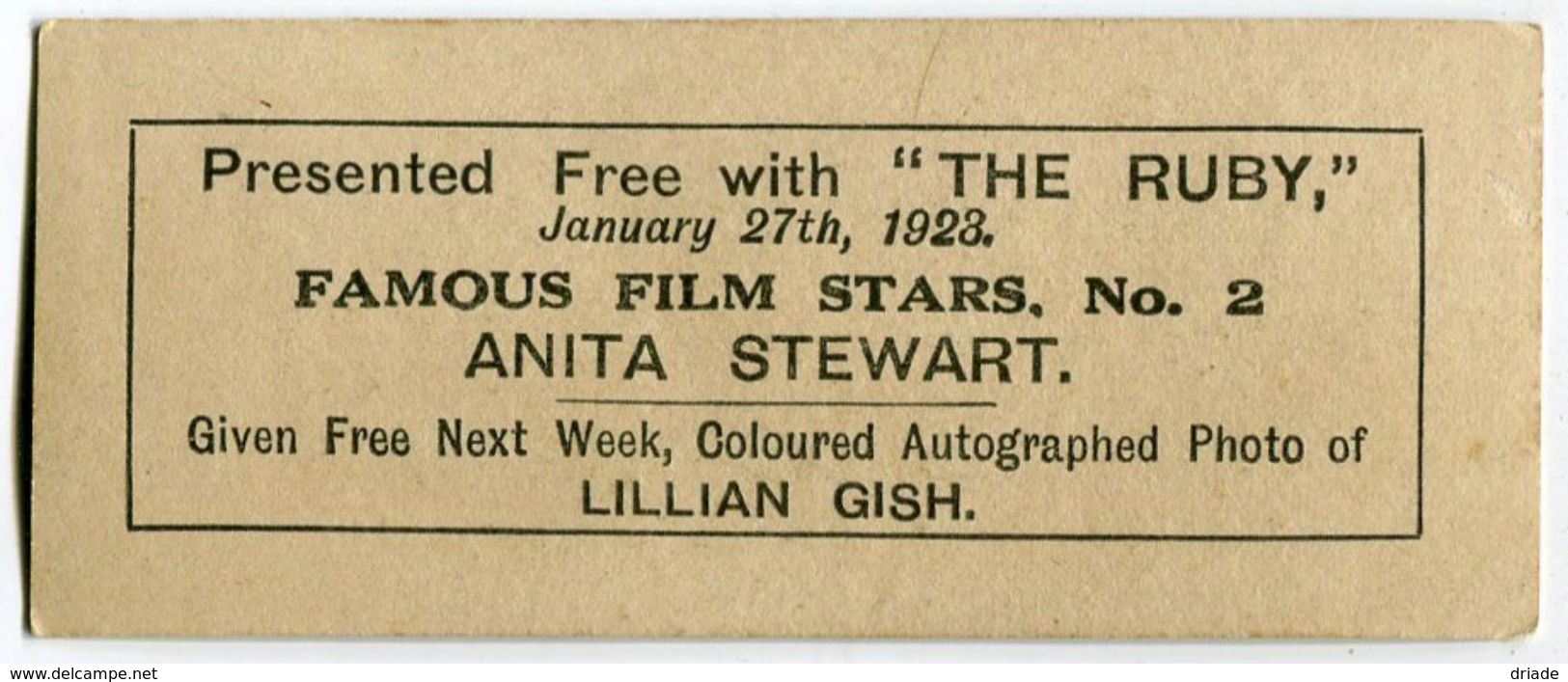 RARA FIGURINA TRADE CARDS ANITA STEWART ATTRICE CINEMA MUTO RUBY MAGAZINE ANNO 1923 SILENT MOVIE STARS - Artis Historia