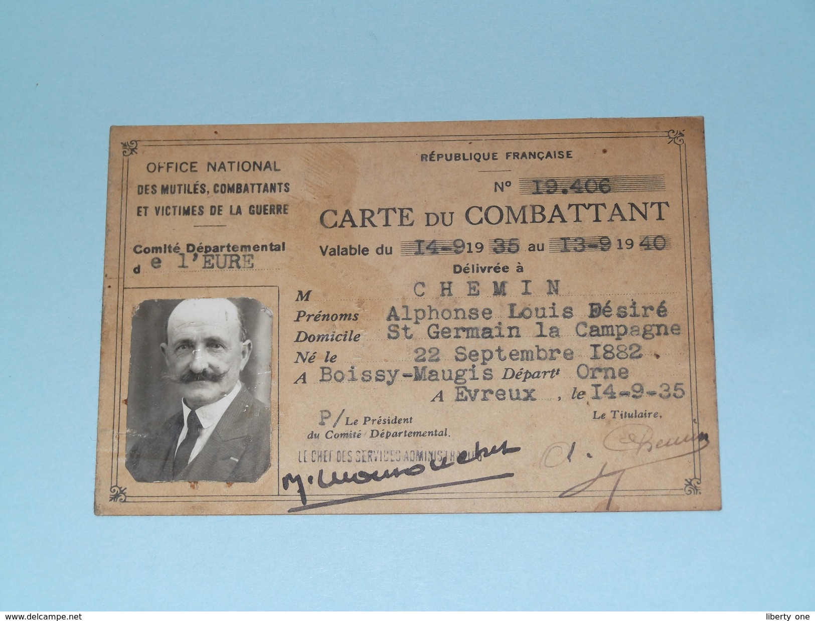 CARTE Du COMBATTANT N° 19.406 Français : CHEMIN Alphonse (1882 Boissy Maugis) Anno 1935/40 ( Zie Foto Details ) ! - Documents
