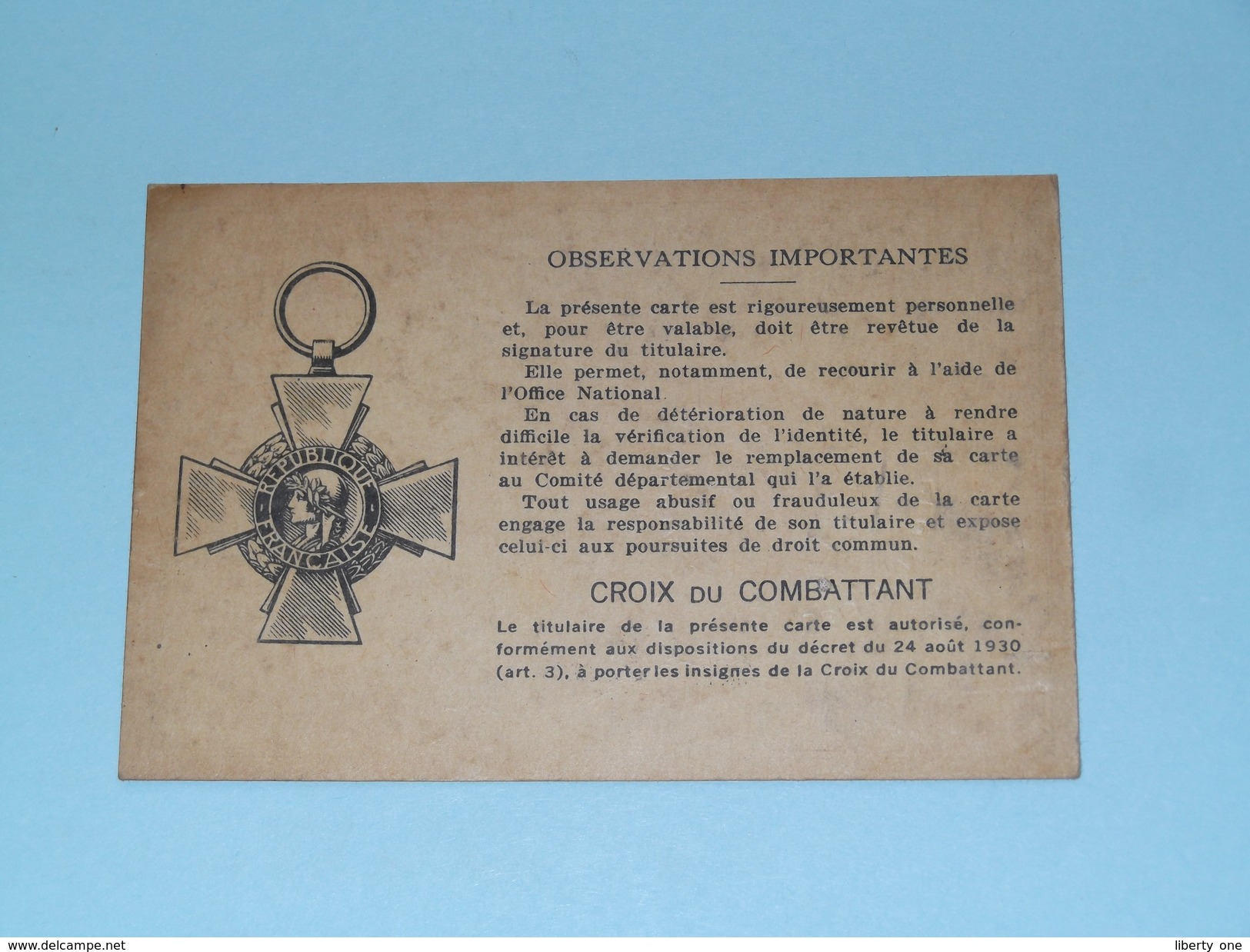 CARTE Du COMBATTANT N° 19.406 Français : CHEMIN Alphonse (1882 Boissy Maugis) Anno 1935/40 ( Zie Foto Details ) ! - Documents