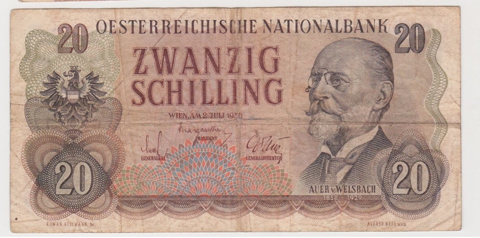 AUTRICHE 20 Schillings 1956 P136a VG+ - Autriche