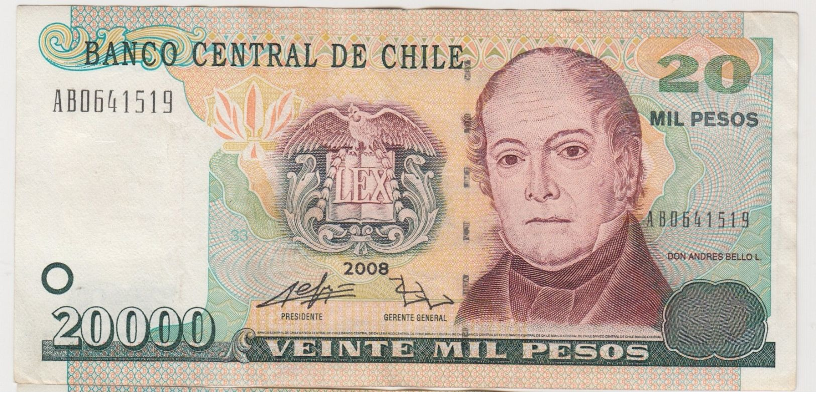 CHILI 20000 Pesos 2008 P159a VF - Chile