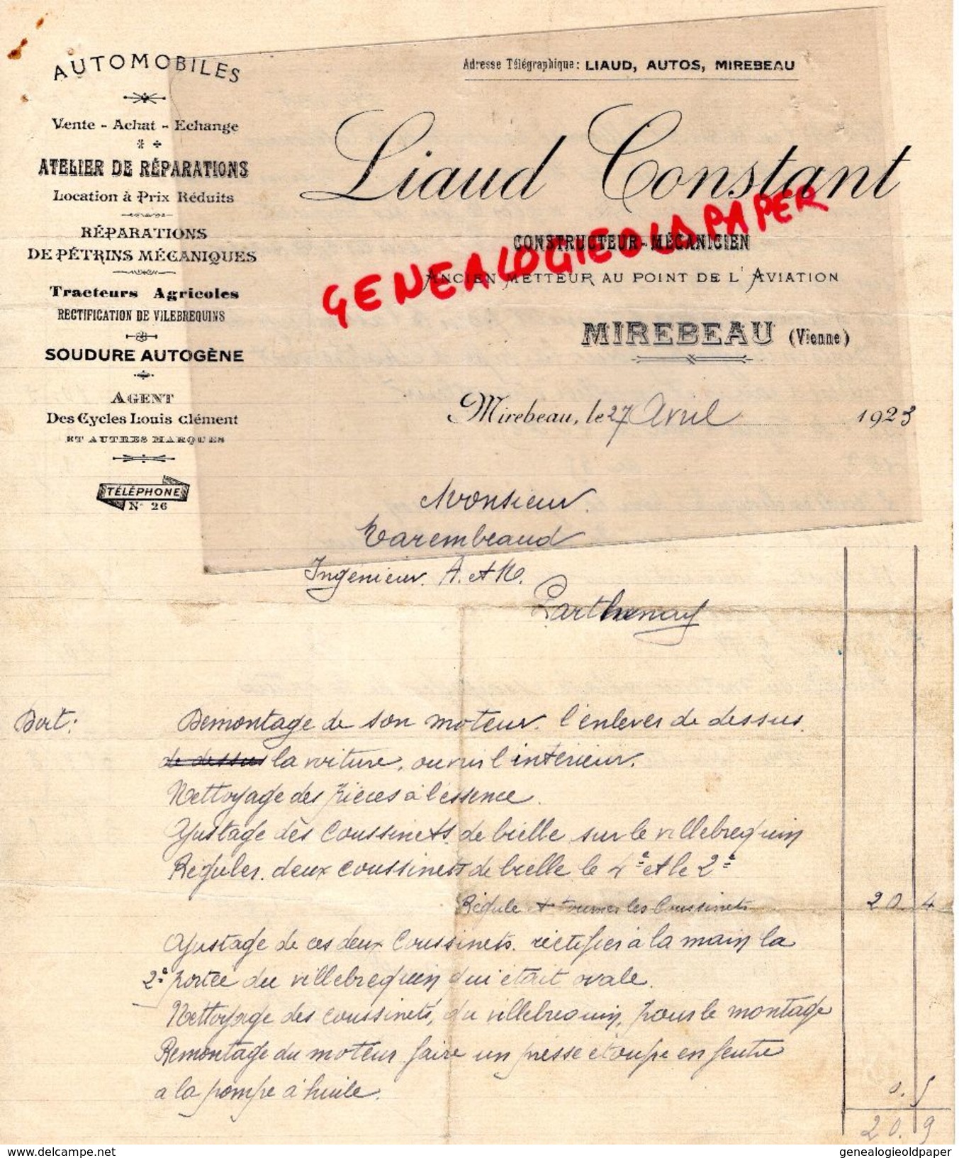 86- MIREBEAU - FACTURE LIAUD CONSTANT-CONSTRUCTEUR MECANICIEN AUTOMOBILE-METTEUR AU POINT AVIATION-1923 - Automobil