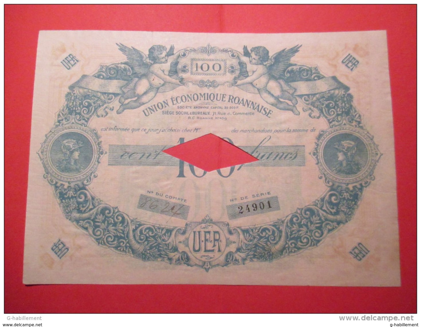 BILLET ANNULE UER U.E.R. UNION ECONOMIQUE ROANNAISE 100 FRANCS (loire) 3e Type (1922-1939) - Bonds & Basic Needs