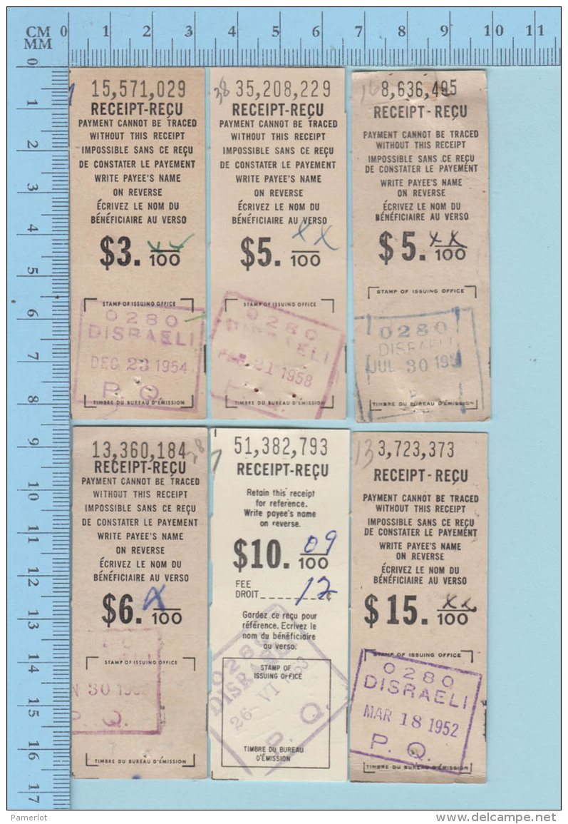 6 Mandats Poste - Cir: 1950, De Disraelie QuebecCanada, Tous Différents - Documents Historiques