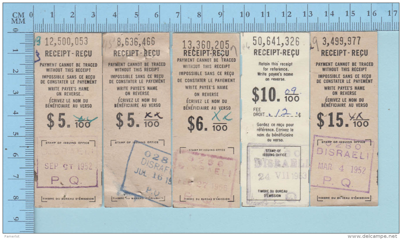 5 Mandats Poste - Cir: 1950, De Disraelie QuebecCanada, Tous Différents - Documents Historiques