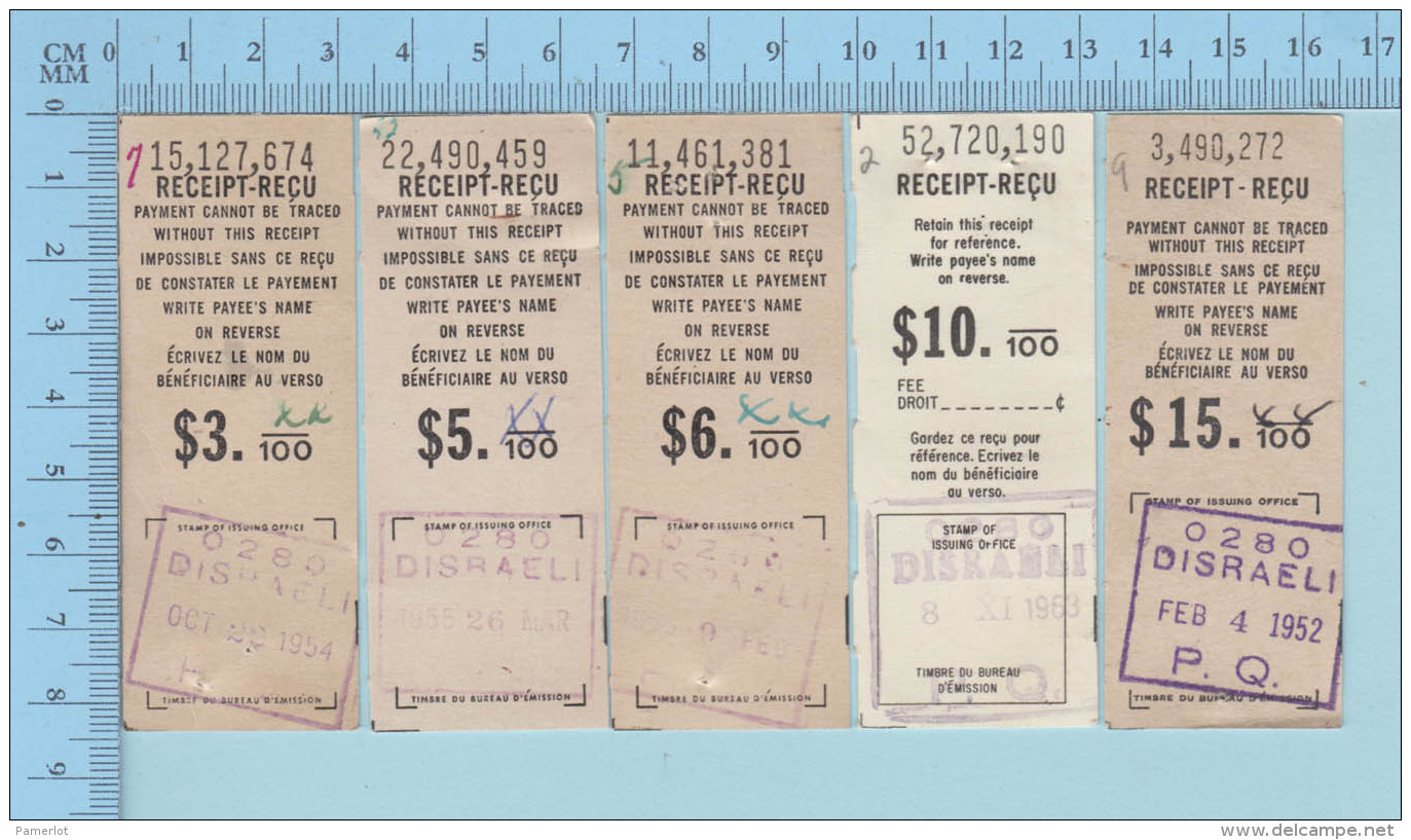 5 Mandats Poste - Cir: 1950, De Disraelie QuebecCanada, Tous Différents - Documents Historiques