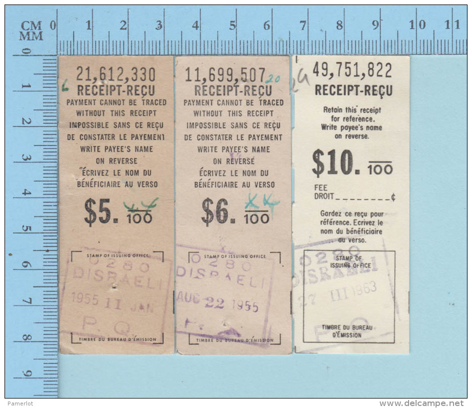 3 Mandats Poste - Cir: 1950, De Disraelie QuebecCanada, Tous Différents - Documents Historiques