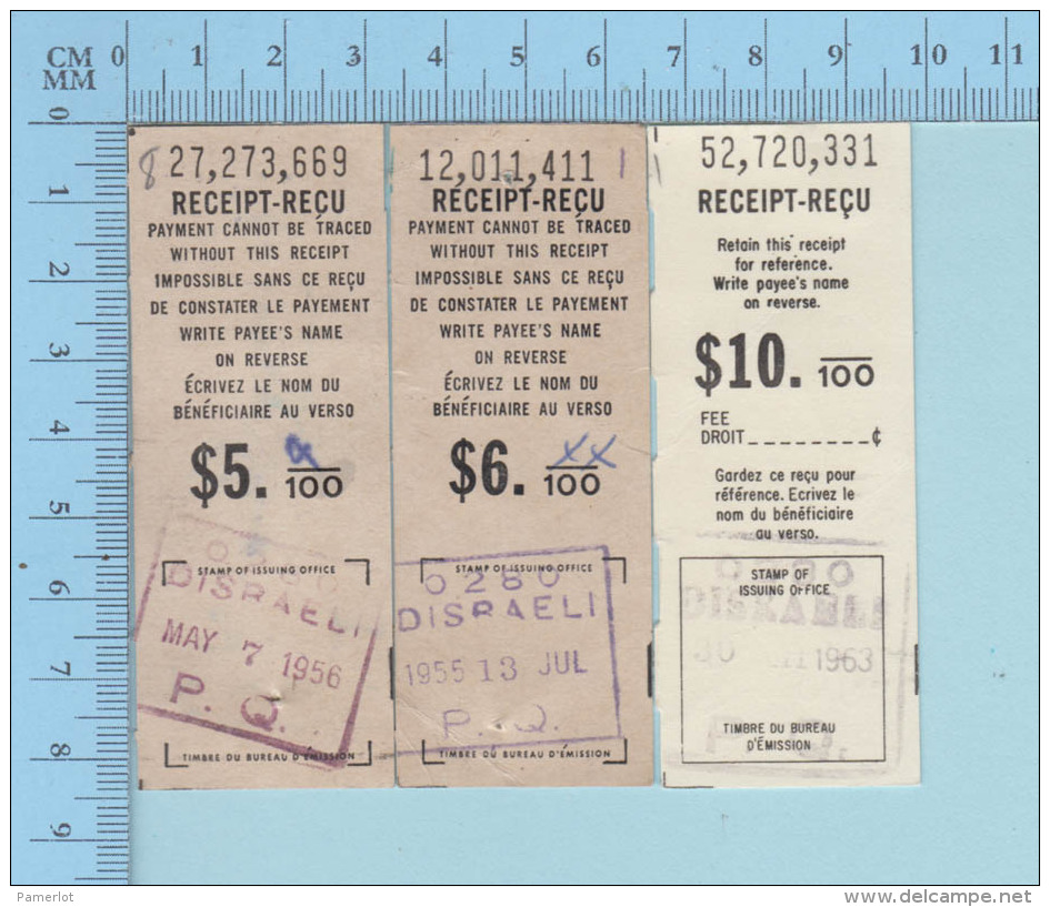 3 Mandats Poste - Cir: 1950, De Disraelie QuebecCanada, Tous Différents - Documents Historiques