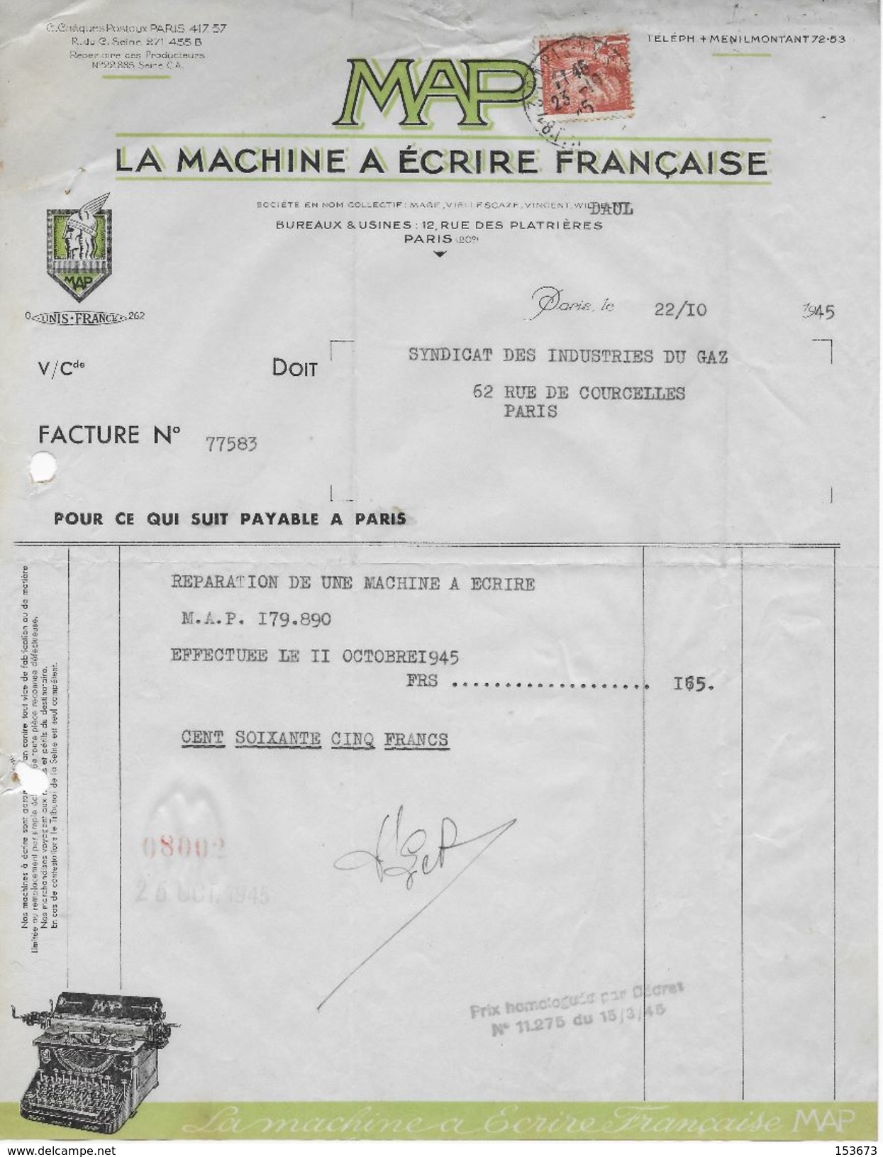 Facture Illustrée 1945 Société "Machine à écrire Française" Affranchie Avec Un IRIS 1.50f Piquage à Cheval - Other & Unclassified