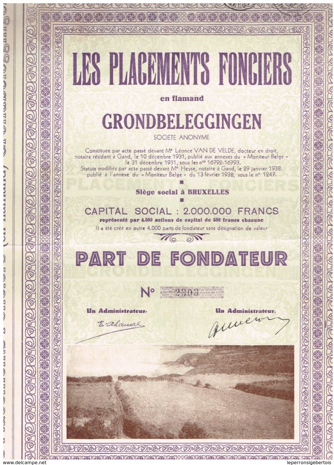 Action Ancienne - Les Placements Fonciers - Grondbeleggingen - Titre De 1938 - Banque & Assurance