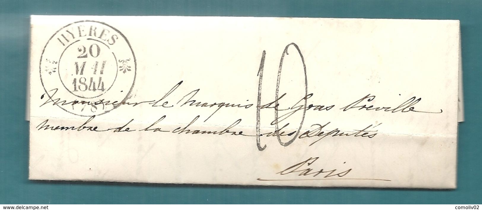 -== MARQUIS De  GRAS De PRÉVILLE - Lettre De HYÈRES (Var) Pour PARIS - 1844 ==- - 1801-1848: Précurseurs XIX