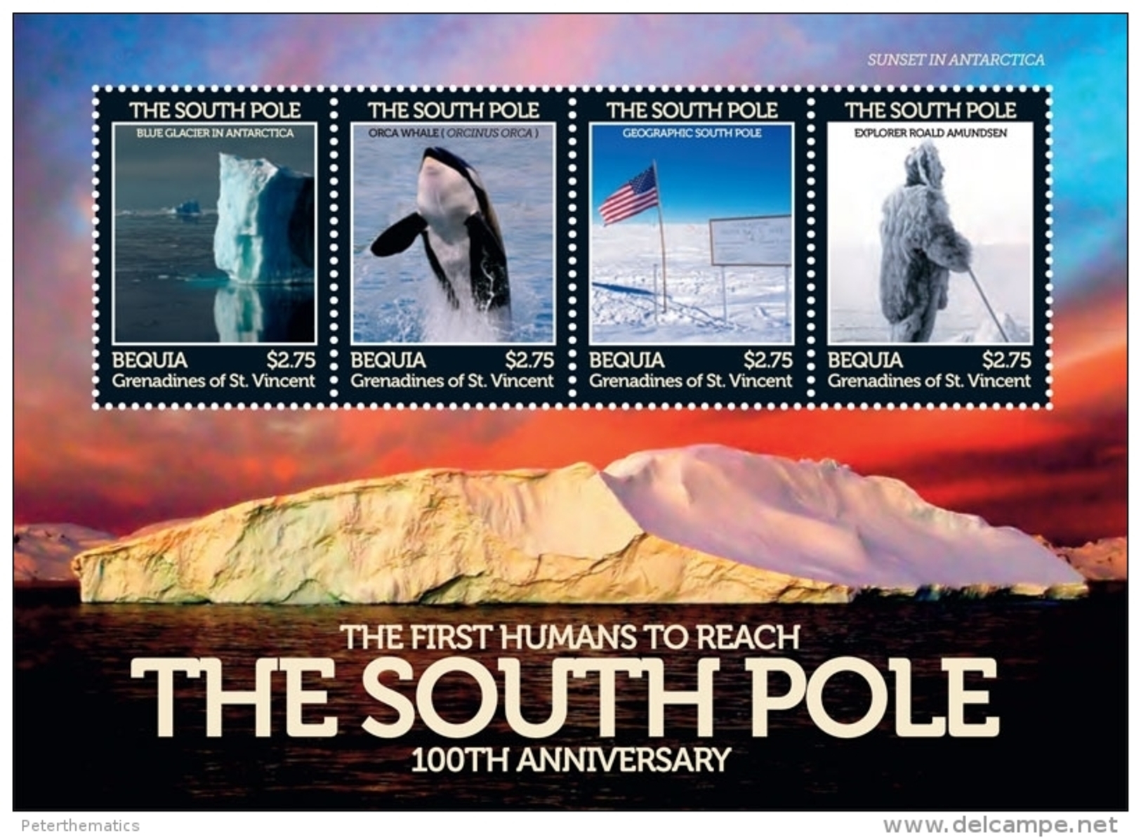 BEQUIA  ,2011, MNH, SOUTH POLE , AMUNDSEN, ORCAS, WHALES, ANTARCTICA, SHEETLET - Antarctic Expeditions