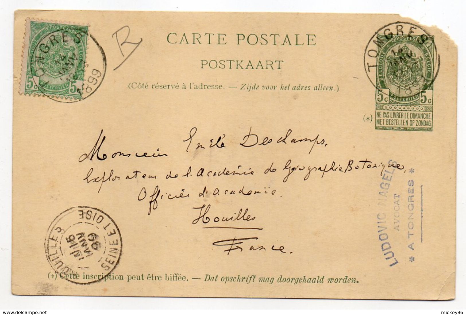 Belgique-1899--Entier Postal CP Avec Complément Pour Houilles (France) -Beaux Cachets TONGRES Et HOUILLES - Postkarten 1871-1909