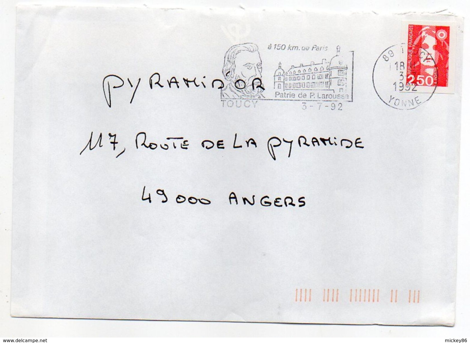 1992--flamme TOUCY-89-Patrie De P.Larousse (chateau)---tp Adhésif Marianne Du Bicentenaire 2.50F- - Mechanical Postmarks (Advertisement)