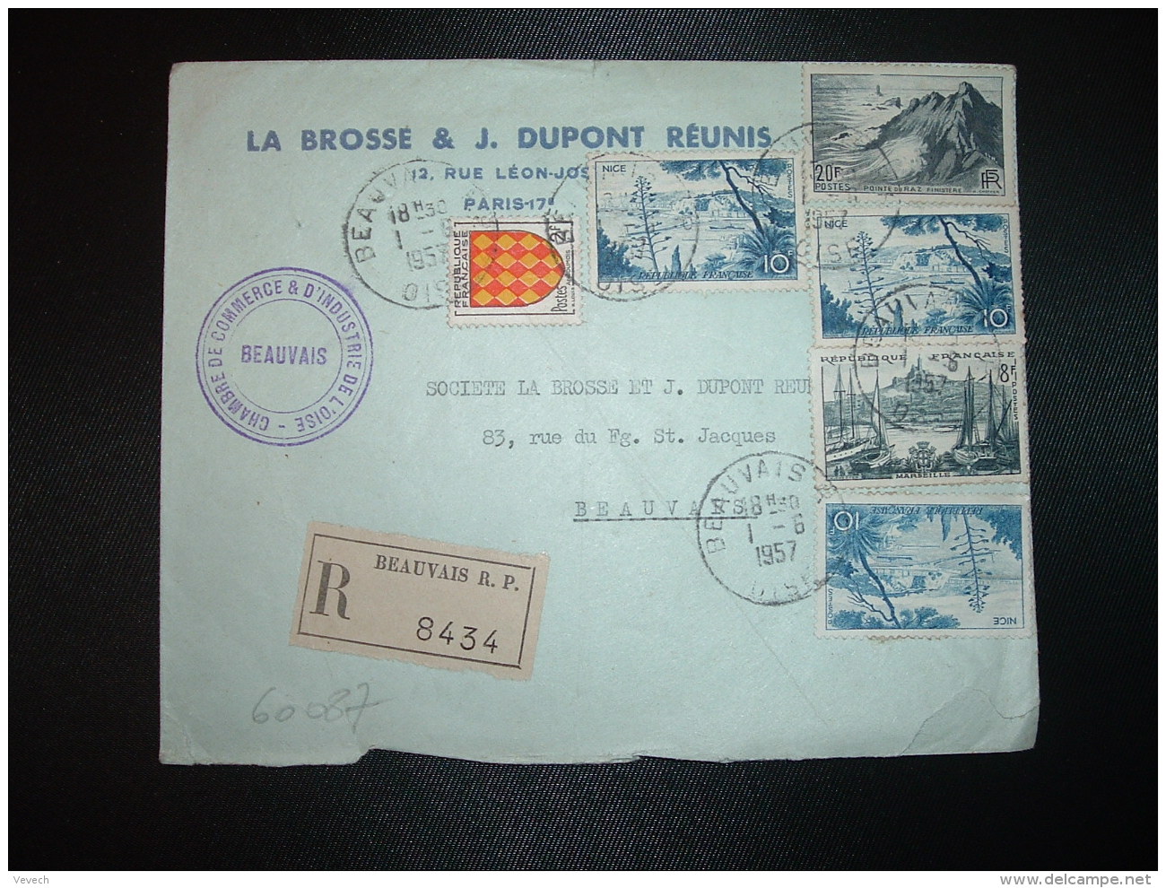 LR TP POINTE DU RAZ 20F+ NICE 10F X3+ MARSEILLE 8F+ ANGOUMOIS 2F OBL.1-6-1957 BEAUVAIS RP OISE (60) CHAMBRE DE COMMERCE - Tarifs Postaux