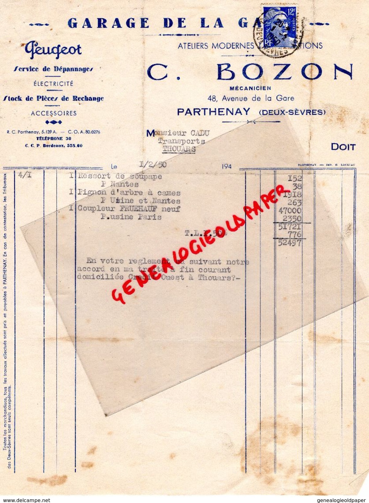 79- PARTHENAY-GARAGE AUTOMOBILE DE LA GARE- C. BOZON-MECANICIEN-48 AV. GARE- PEUGEOT-1950 - Automovilismo