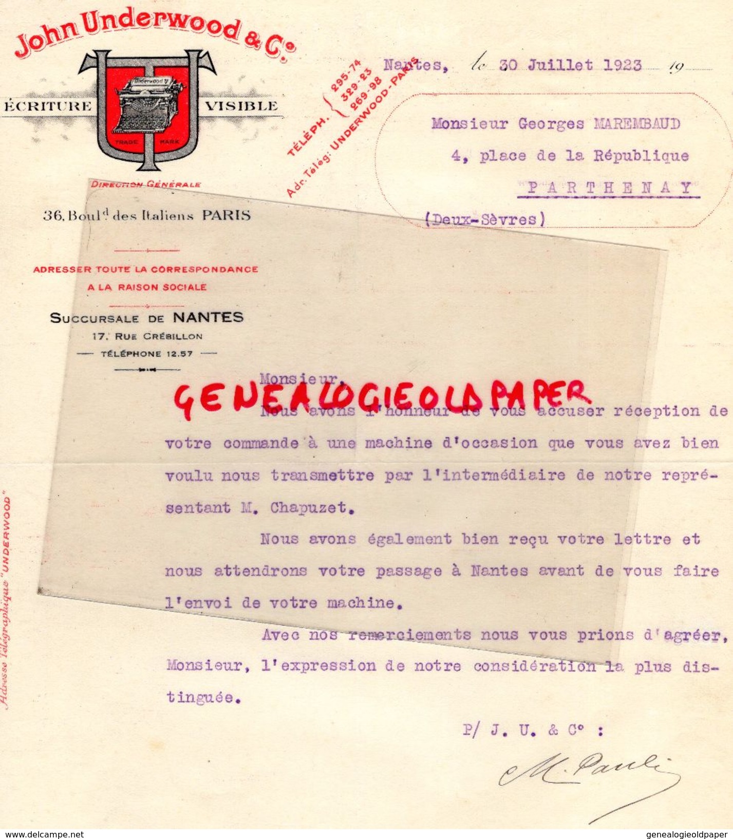 44- NANTES- FACTURE JOHN UNDERWOOD-ECRITURE VISIBLE-MACHINE A ECRIRE-36 BD-ITALIENS PARIS- 17 RUE CREBILLON-1923 - Druck & Papierwaren
