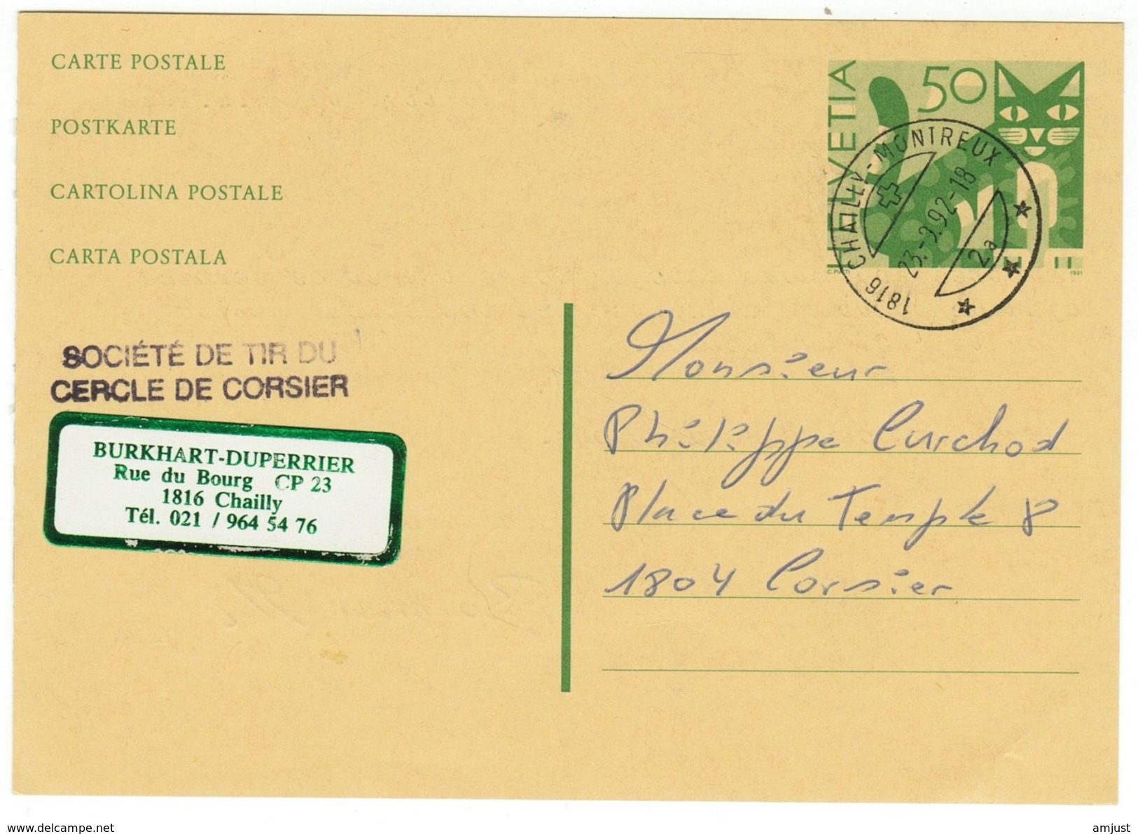 Suisse // Schweiz // Switzerland //  Entier Postaux // Entier Postal Pour Corsier Le 23.09.1992 - Interi Postali